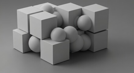 Obraz premium A grayscale arrangement of cubes and spheres with a shadow
