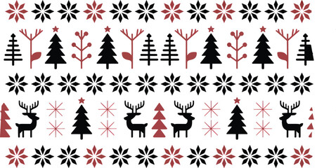 Vintage Christmas Seamless Pattern with Red and Green Ornaments, Bells, Reindeer, Fir Branches, Stars, and Festive Holiday Decorations