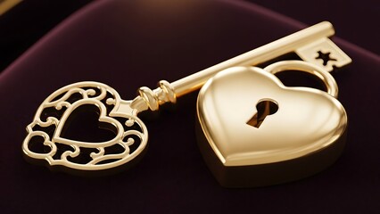 A golden key and heart shaped padlock resting on a dark surface