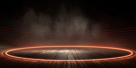 Circular neon ring illuminates wooden floor in a dark arena with smoke