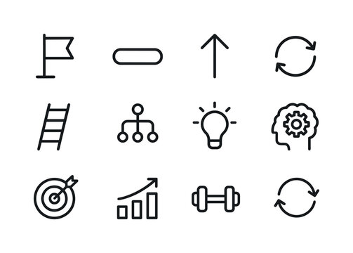 Learning Icons Set. Learning a new skill. Line icon set of learning process: goal flag, progress bar, upward arrow, repeat icon, step ladder, skill tree, light
