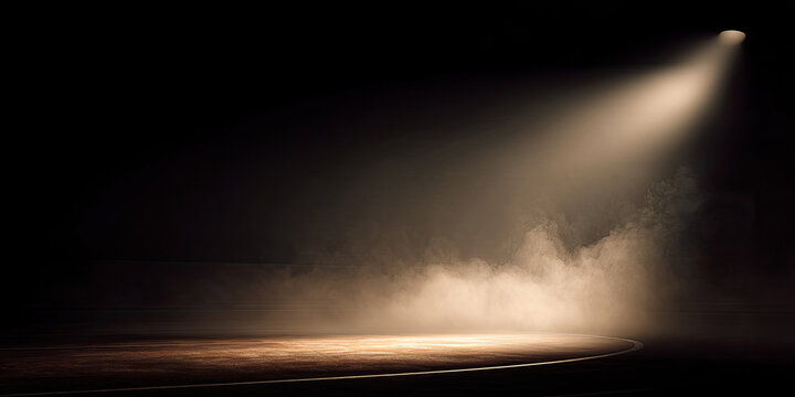 Golden spotlight shines through smoke on a dark sports arena floor