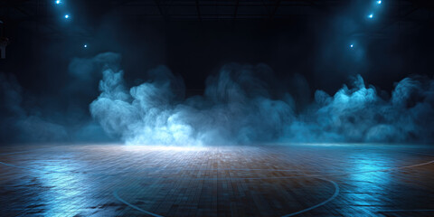 Dimly lit basketball court filled with drifting blue smoke