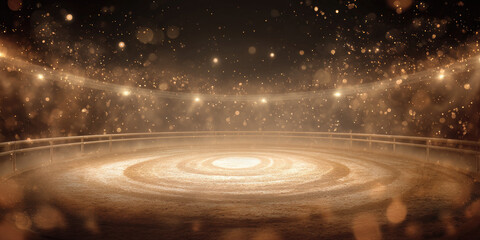 Dim equestrian arena with glowing spotlights and bokeh