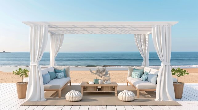 Luxury beachside lounging experience, Serene coastal setting with comfortable furnishings