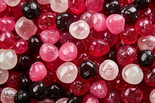 Colorful assorted gemstones in pink, red and burgundy tones with faceted surfaces creating sparkling texture for jewelry design and luxury decoration.