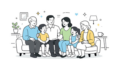 Family Harmony Gathering. Multigenerational family. Grandparents, parents, and children sitting together in a living room, calm conversation and shared smiles.