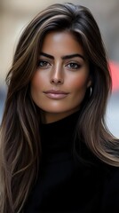 Naklejka premium Young Middle Eastern woman with highlighted brown hair wearing black turtleneck sweater looking at camera with confident expression and natural makeup.
