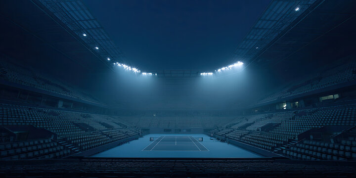 Blue lit tennis stadium with empty spectator seats and court