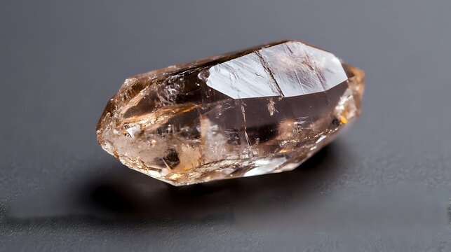 Raw champagne topaz crystal gemstone with natural faceted surfaces and golden brown transparency on dark background for jewelry making.