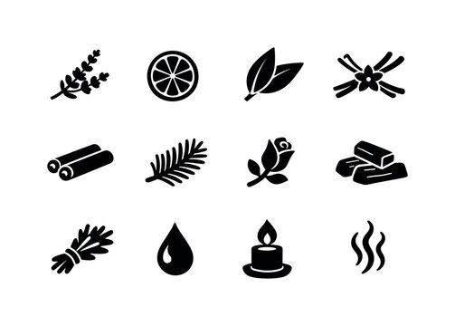 Eco Candle Icons. Eco-friendly candle scents. Solid icon set of eco-friendly candle scents: lavender sprig, citrus slice, eucalyptus leaf, vanilla pod,