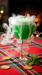 Lucky green cocktail with dry ice smoke on red plaid tablecloth