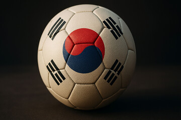 Close-Up Soccer Ball with South Korean Flag Design on Dark Background
