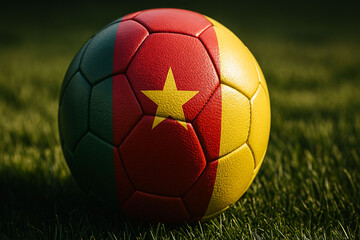 Close-up Soccer Ball with Cameroonian Flag Design on Grass in Natural Light