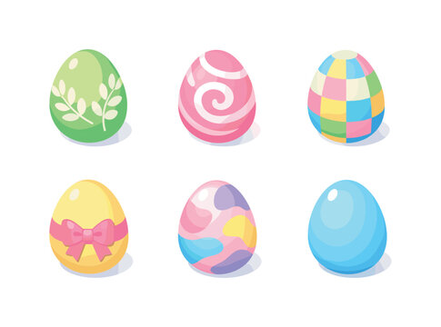 Pastel Easter Eggs. Pastel Easter eggs. Isometric flat vector icons set of pastel Easter eggs: leaf ornament Easter egg, spiral pattern Easter egg, checker