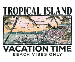Obraz premium Tropical island artwork. Palm tree vector design. Welcome to paradise. Summer vibes graphic print design. Summer vacation time artwork.