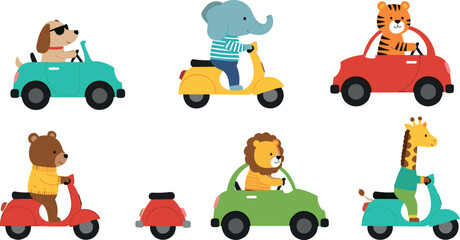 Cute animal driving vehicles vector set with cartoon zoo characters riding cars and scooters for kids, transport and playful illustration design isolated on white background © MdNazmul