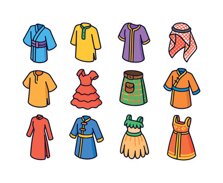 Traditional Garments Icons. Traditional garments. Colorful isometric vector icons set of traditional garments: yukata, kurta, kaftan, keffiyeh, boubou robe,