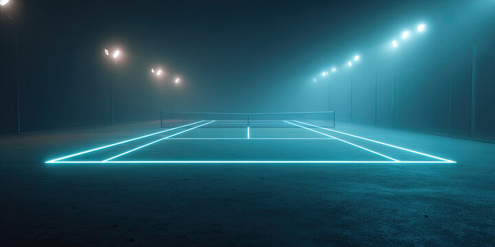 Tennis Court at Night with Neon Lines and Fog