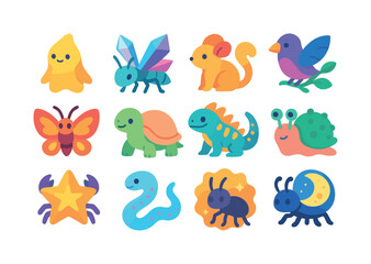 Obraz premium Fantasy Valley Creatures. Fantasy valley life. Colorful flat vector icons set of fantasy valley life: gentle valley spirits, crystal insects, glow rodents,