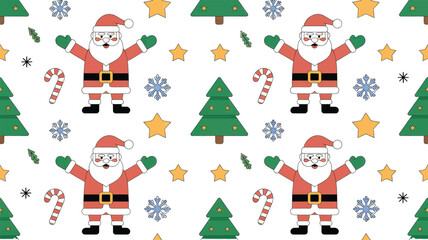 Vintage Christmas Seamless Pattern with Red and Green Ornaments, Reindeer, Bells, Snowflakes, and Festive Holiday Decorations