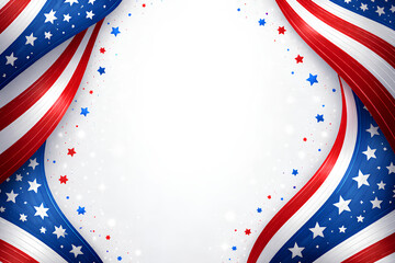 Fototapeta premium Fourth of July patriotic frame with red blue flag stripes and stars, decorative American Independence Day border with empty center for festive messages and holiday designs