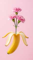 Creative representation of banana and flowers in a unique arrangement on pink background