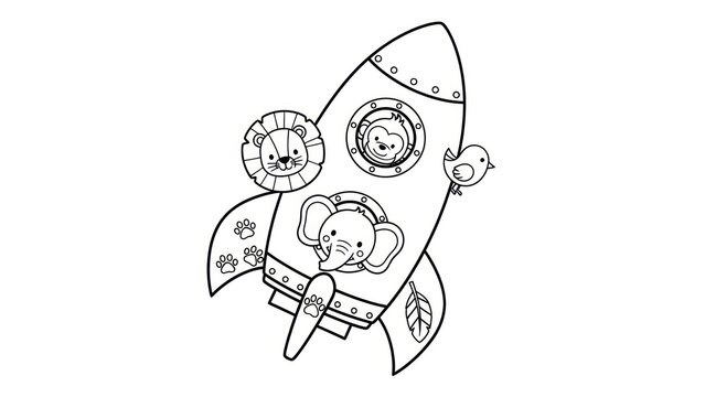 Cartoon rocket ship with lion elephant monkey and bird animals vector illustration
