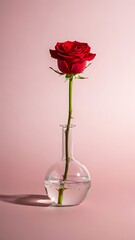 Beautiful red rose in a glass vase with water on pink background