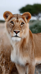 Vertical Portrait of a Young Lion in the African Savanna