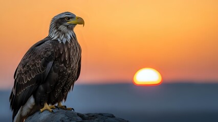 Fototapeta premium Majestic eagle perched on rock during golden sunset, powerful raptor bird silhouetted against warm orange sky, wildlife photography concept for nature themes.
