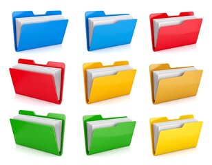 Nine colorful file folders with white paper on white background