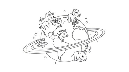 Cartoon animals on earth globe surrounded by abstract planet rings