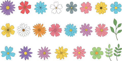 Cute colorful flower icons vector set with simple blooming floral shapes and leaves for spring, garden and decorative flat illustration design isolated on white background