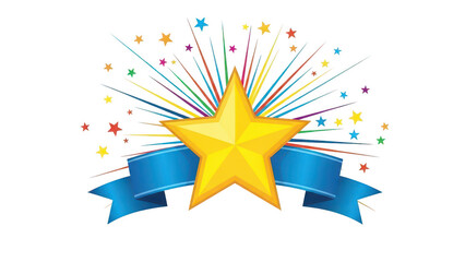 Golden award star with blue ribbon and rainbow starburst, isolated subject for achievement design