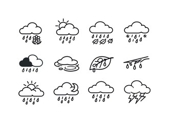 Obraz premium Seasonal Rain Icons. Seasonal rain icons. Line icon set of Seasonal rain icons: spring rain, summer shower, autumn drizzle, winter rain, transitional cloud,