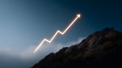 A glowing upward trending graph overlaid on a mountain slope symbolizes growth and success