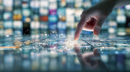 Person's finger interacting with a futuristic digital touchscreen display emitting glowing light effects and particles in a high-tech technology environment
