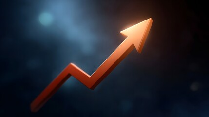A vibrant red arrow symbolizing upward growth progress and success against a dark abstract background with bokeh