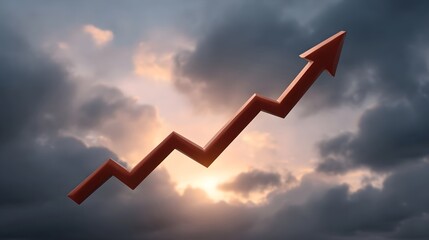A red arrow graph signifying upward growth and success against a dramatic cloudy sky