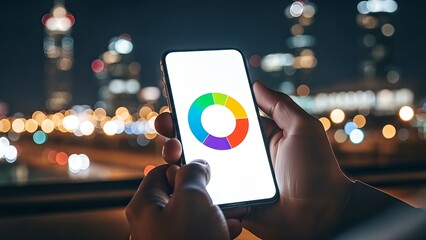 Hands holding a smartphone with a colorful chart against a city bokeh background.
