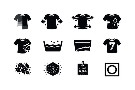 Laundry Effects Icons. Laundry wear effects. Solid icon set of laundry wear effects: faded fabric, shrinking icon, stretched fabric, color bleed