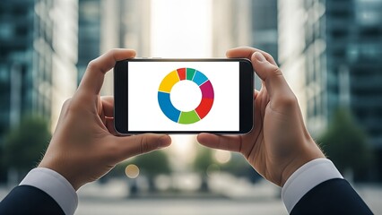 Close-up of hands holding a smartphone displaying a vibrant pie chart. Urban background suggests business context.