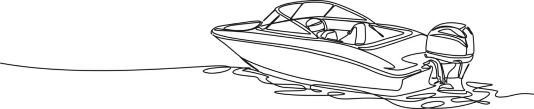 continuous line drawing of small motorboat, runabout boat line art vector illustration