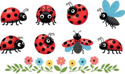 Cute ladybug insects vector set with colorful flowers and flying bugs in playful flat cartoon illustration style isolated on white background © MdNazmul