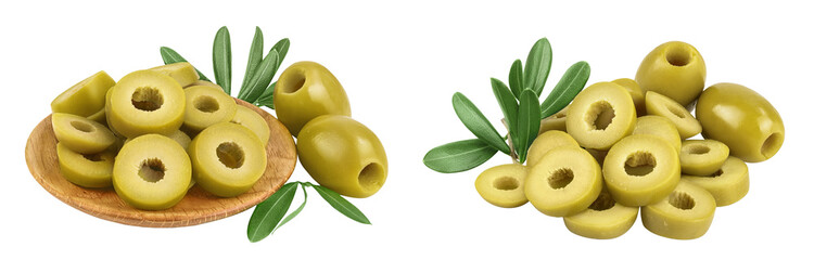 Green olives with leaves in wooden bowl isolated on a white background with full depth of field.
