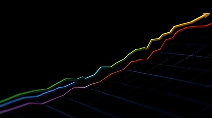 Colorful upward trending graphs on a dark grid representing financial growth and progress