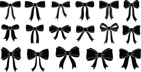 Set of black bow silhouettes, elegant ribbon knots, decorative gift wrap elements, vector illustrations for fashion, greeting cards and invitations.