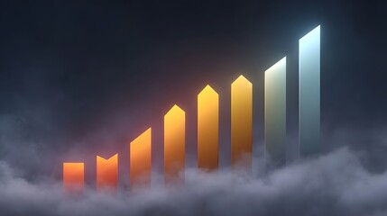 Stylized bars representing growth and success ascend through atmospheric mist with glowing light
