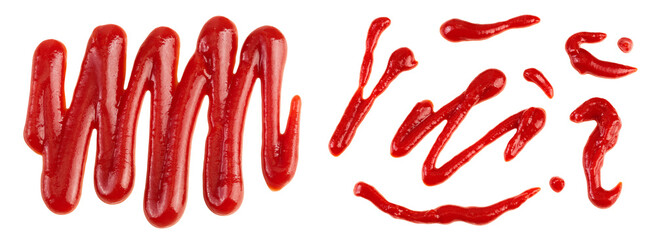 Red tomato sauce or ketchup isolated on white background . Top view. Flat lay